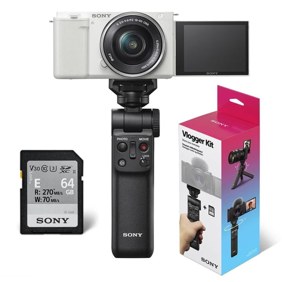 Sony Sony ZV-E10 APS-C Mirrorless Interchangeable Lens Vlogging Camera with 16-50mm Lens, White - Bundle with Sony ACCVC1 Vlogger Accessory Kit (Shooting Grip & 64GB UHS-II SDXC Card)
