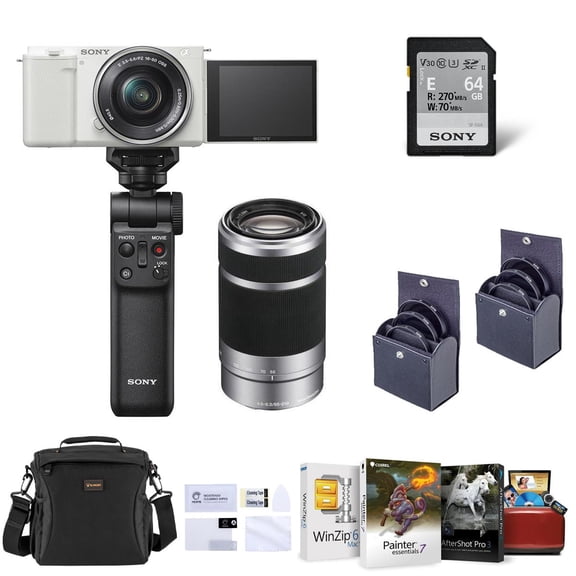 Sony Sony ZV-E10 Mirrorless Vlog Camera with 16-50mm Lens, Black - Bundle with 55-210mm Lens, Vlogger Accessory Kit, Corel Mac Software Kit, Shoulder Bag, Screen Protector, 49mm & 40.5mm Filter Kit
