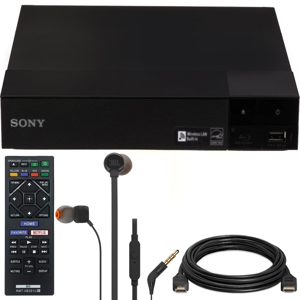 Sony Streaming BDP-S3700 1080p FHD Blu-ray Disc Player with Built-in Wi-Fi  and Wireless Remote + JBL T110 in Ear Headphones & Ethernet Cable
