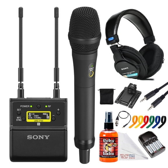 Sony URX-P40 Camera-Mount Wireless Receiver (UC14: 470542 MHz) | Digital Audio Processing, Auto-Channel Scan & OLED Display | For Interviews & Broadcast Production + Headphones + Microphone + More