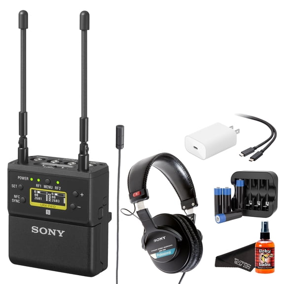 Sony URX-P41D Dual-Channel Camera-Mount Wireless Receiver (UC14: 470542 MHz) Audio Receiver for Video Production, Interviews, & Live Events + Sony ECM-V1BMP Lavalier Mic + Studio Headphones + More