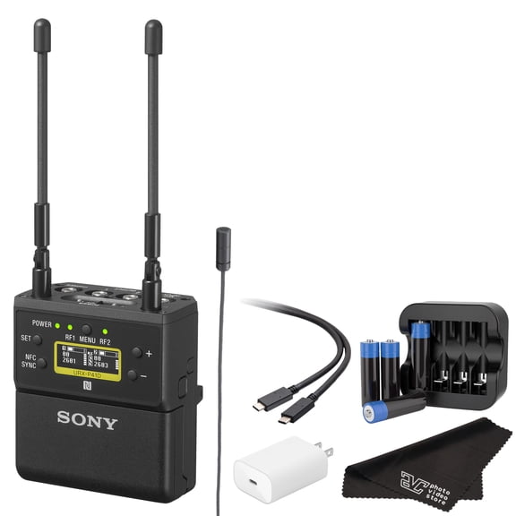 Sony URX-P41D Dual-Channel Camera-Mount Wireless Receiver (UC14: 470542 MHz) Pro Audio Receiver for Video Production, Interviews, & Live Events + Sony ECM-V1BMP Lavalier Mic + USB-C Cable + More