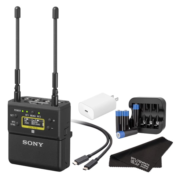 Sony URX-P41D Dual-Channel Camera-Mount Wireless Receiver (UC14: 470542 MHz) Pro Audio Receiver for Video Production, Interviews, & Live Events + USB-C Cable + Wall Plug + 4x AA w/ Charger + More