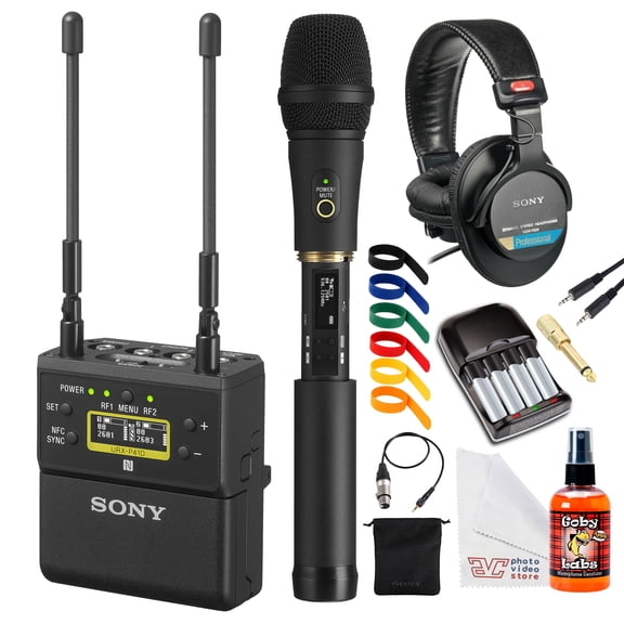 Sony URX-P41D Dual-Channel Camera-Mount Wireless Receiver (UC25: 536608 MHz) | Digital Audio Processing & OLED Display | Ideal for Interviews & Broadcast Production + Headphones + Microphone + More