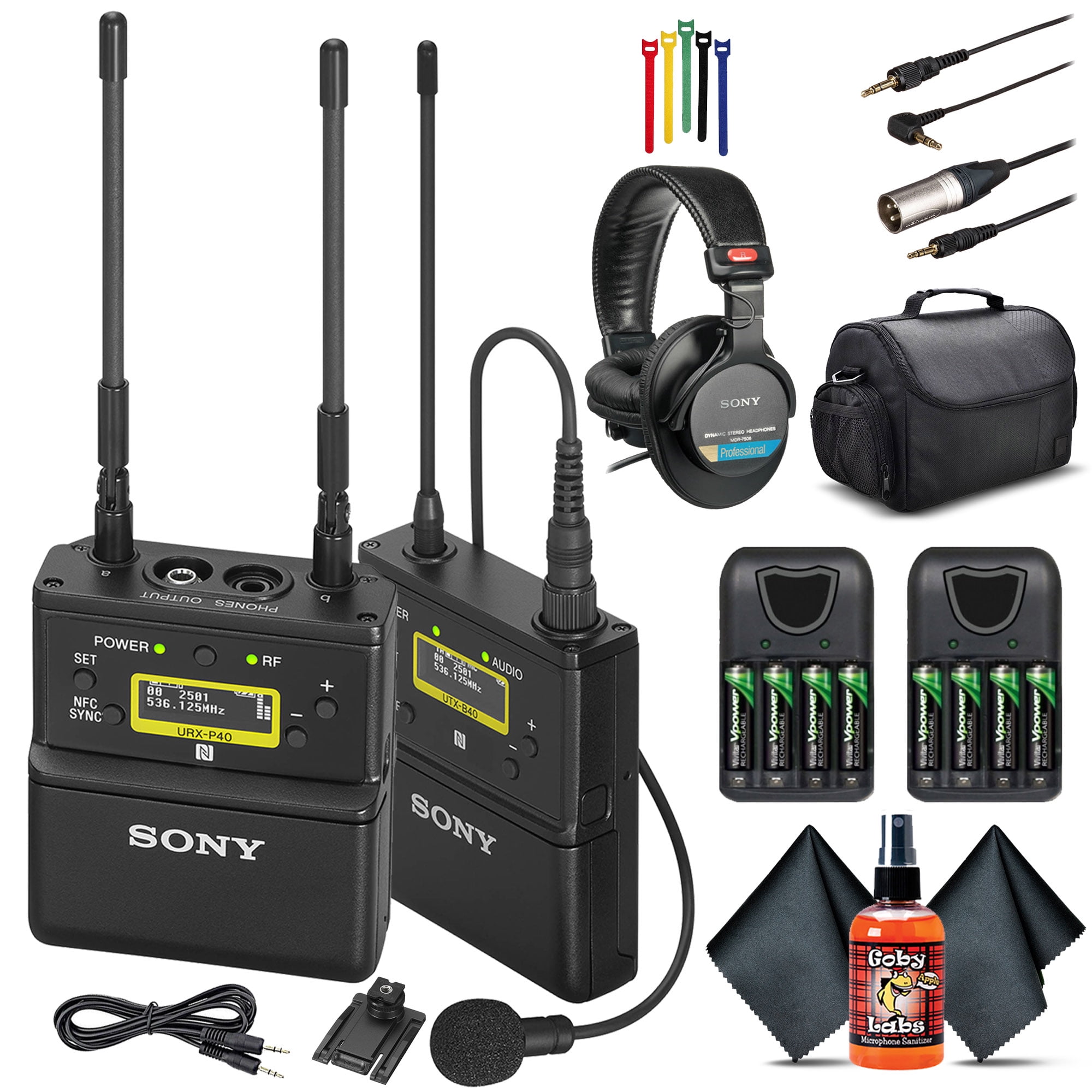 Sony UWP-D21 Camera-Mount Wireless Omni Lavalier Microphone System UC25: 536 to 608 MHz UWP-D21/25, Headphones, 8 x Rechargeable Batteries, 3.5 mm Aux Cable, Case, Sanitizer Mic Spray, and More