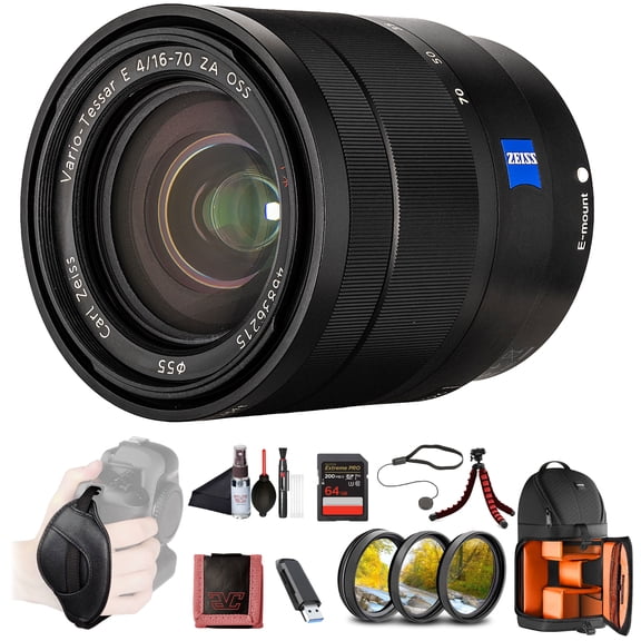 Sony Vario-Tessar T E 1670mm F4 ZA OSS Standard Zoom Lens (SEL1670Z)  ZEISS Optics | Constant F4 Aperture | Optical SteadyShot | Filter Kit, BackPack, 64GB Card, Card Reader, Flex Tripod and More