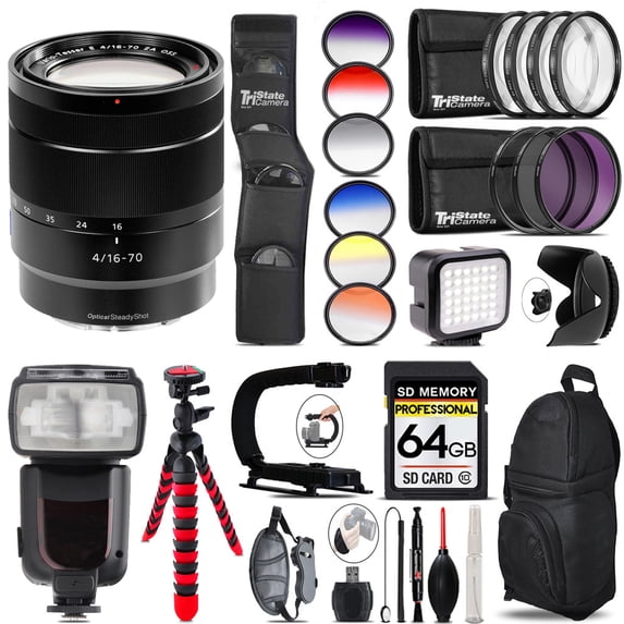 Sony Vario-Tessar T* E 16-70mm f/4 ZA OSS Lens+LED Light - 64GB Accessory Bundle