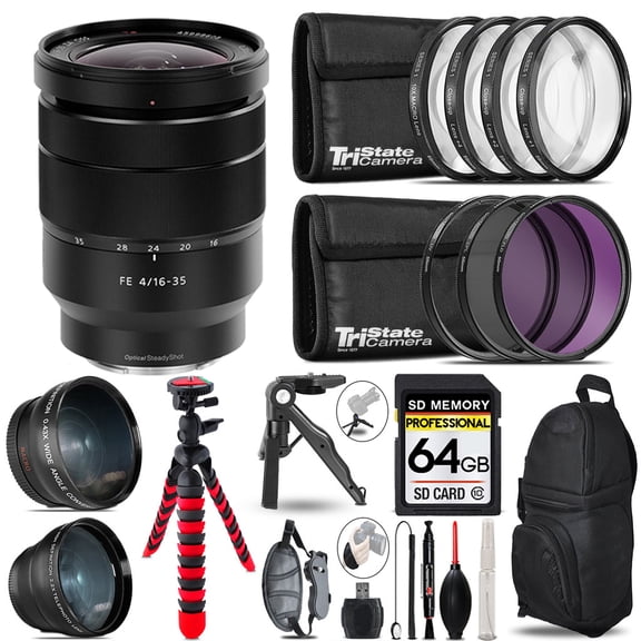 Sony Vario-Tessar T* FE 16-35mm f/4 ZA OSS Lens - 3 Lens Kit + Tripod + Backpack - 64GB Accessory Bundle (International Version)