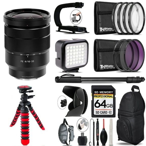 Sony Vario-Tessar T* FE 16-35mm f/4 ZA OSS Lens + LED Flash+ Bag - 64GB Accessory Bundle (International Version)