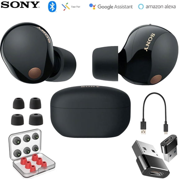 Sony WF1000XM5/B Industry Leading Noise Canceling Truly Wireless Earbuds Black Bundle with 6 Pairs of In-Ear Earbud Tips and Converter Adapter Type C Adapter