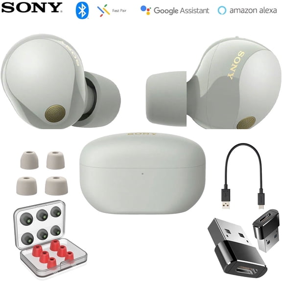 Sony WF1000XM5/S Industry Leading Noise Canceling Truly Wireless Earbuds Silver Bundle with 6 Pairs of In-Ear Earbud Tips and Converter Adapter Type C Adapter