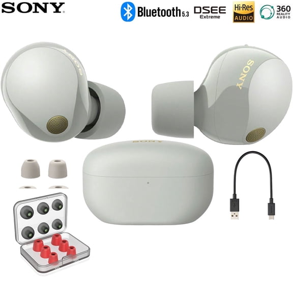 Sony WF1000XM5/S Industry Leading Noise Canceling Truly Wireless Earbuds Silver Bundle with Deco Essentials 6 Pairs of In-Ear Earbud Tips (3 Memory Foam, 3 Silicone) (S/M/L Sizes)