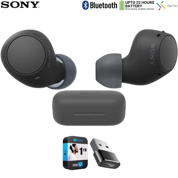 Sony WFC510/B Truly Wireless Earbuds with 22-Hour Battery, IPX4, Multipoint, Black Bundle with Deco Essentials Converter Adapter Type C Adapter and 1 YR CPS Enhanced Protection Pack