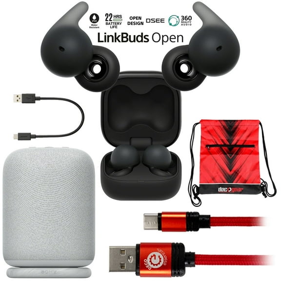 Sony WFL910/B LinkBuds Open Truly Wireless Earbud Headphones with Mic, Black Bundle with LinkBuds Wireless Speaker Light Gray, Deco Essentials 6FT Type-C Charge & Sync USB Cable and Drawstring Bag