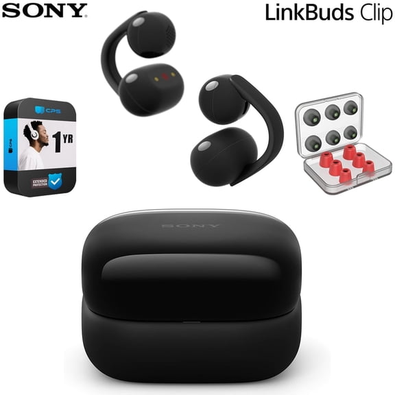Sony WFLC900/B LinkBuds Clip Open-Ear Truly Wireless Earbuds Black Bundle with Deco Essentials 6-Pair Earbud Tips & 1 YR Enhanced Protection Pack