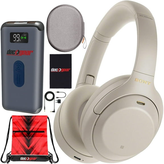 Sony WH-1000XM4 Wireless Industry Leading Noise Cancelling Over-Ear Headphones with Mic for Hands Free Calling and Alexa, Silver WH-1000XM4/S Bundle w/ Case + Deco Gear Power Bank Charger + Gym Bag