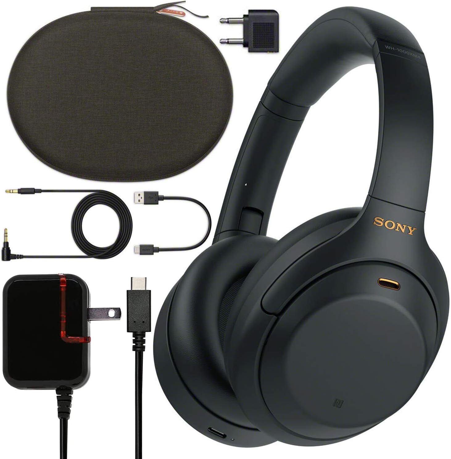 Sony WH-1000XM4 Wireless Noise-Canceling Over-Ear Headphones (Black  WH1000XM4/B) Bundle + Wall Charger with USB Type-C Cable