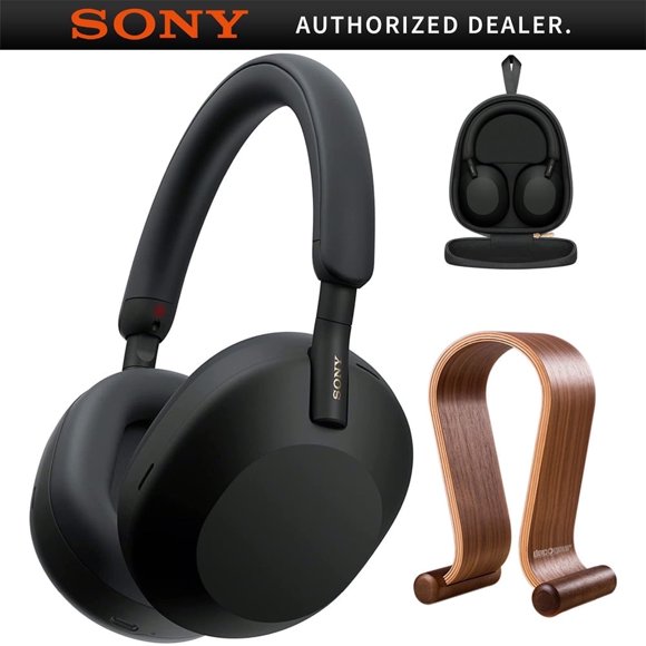 Pre-Owned Sony WH-1000XM5 Wireless Industry Leading Noise Canceling Headphones, Black Bundle with Deco Gear Wood Headphone Display Stand and Protective Travel Carry Case