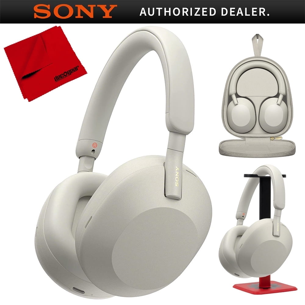 Sony WH-1000XM5 Wireless Industry Leading Noise Canceling Headphones, Silver Bundle with Deco Gear Pro Audio Headphone Stand - Matte Black + 6 x 6 inch Microfib