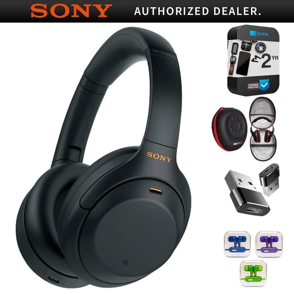 Sony WH1000XM4/B Premium NC Wireless Over-the-Ear Headphones Bundle with Deco Gear Premium Hard Body Case + Converter Adapter Type C + Mizco Travelocity In-Ear Headphone + 2 Year Protection Pack