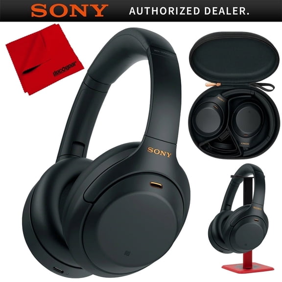Sony WH1000XM4/B Premium Noise Cancelling Wireless Over-the-Ear Headphones Bundle with Deco Gear Pro Audio Headphone Stand - Matte Black + 6 x 6 inch Microfiber Cleaning Cloth