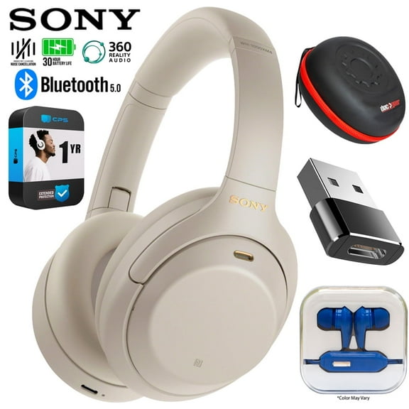 Sony WH1000XM4/S Premium Noise Cancelling Wireless Over-the-Ear Headphones Bundle with 1 YR CPS Extended Warranty, Mizco Travelocity In-Ear Headphone, Deco Gear Hard Case and Type C Adapter