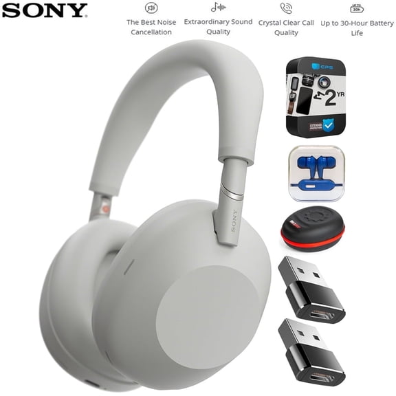 Sony WH1000XM6/S Best Wireless Noise Canceling Headphones Platinum Silver Bundle with In-Ear Headphone (Colors May Vary), Headphone Case, Converter Adapter and 2 YR CPS Enhanced Protection Pack
