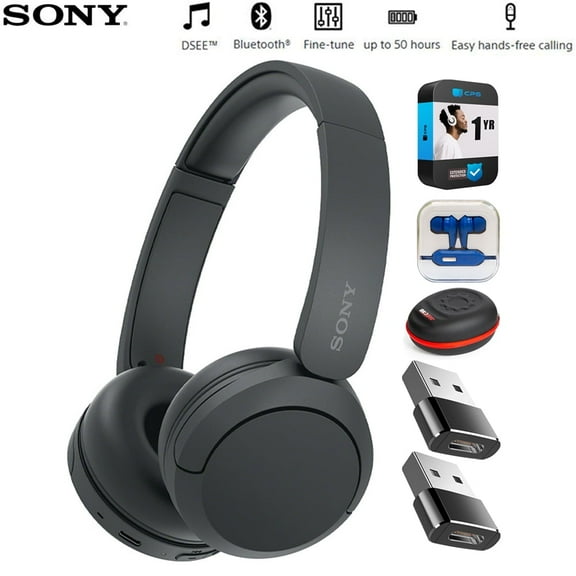 Sony WHCH520/B Wireless Headphones with Microphone Black Bundle with Mizco Travelocity In-Ear Headphone (Colors May Vary), Headphone Case, 2x Converter Adapter and 1 YR CPS Enhanced Protection Pack