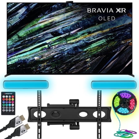 Sony XR55A95L BRAVIA XR A95L 55 inch QD-OLED 4K HDR Smart TV with Google TV (2023) Bundle with Monster Cables Home Theater Setup Package - Full Motion Mount, Monster HDMI Cables, & Sound Reactive RGB