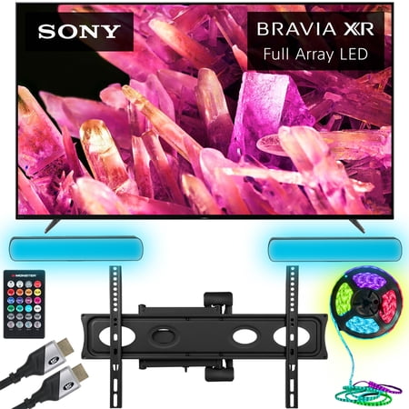 Sony XR65X90K Bravia XR 65" X90K 4K HDR Full Array LED Smart TV Bundle with Monster TV Full Motion Wall Mount for 32"-70" with 6 Piece Sound Reactive Lighting Kit