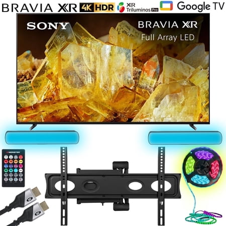 Sony XR75X90L Bravia XR 75" X90L 4K HDR Full Array LED Smart TV 2023 Bundle with Monster Cables Home Theater Setup Package - Full Motion Mount, Monster HDMI Cables, & Sound Reactive RGB Light Strip