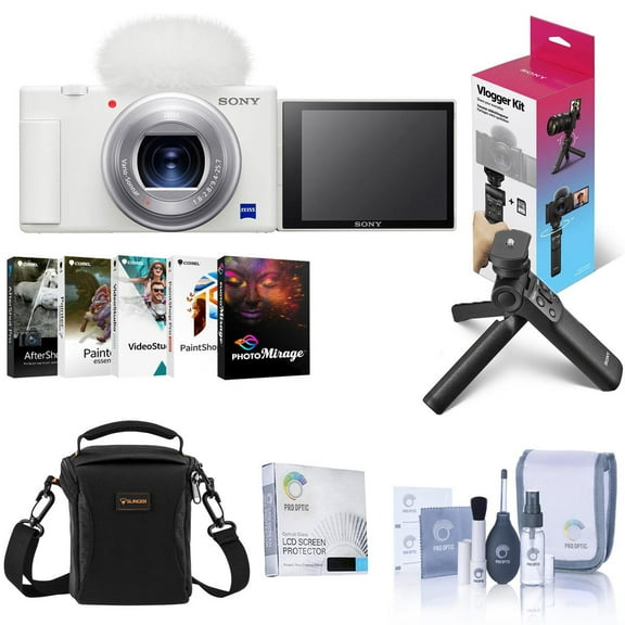 Sony ZV-1 Compact 4K HD Digital Camera, White, Bundle with GP-VPT3 Shooting Grip, Bag, Corel PC Software Suite, Screen Protector, Cleaning Kit
