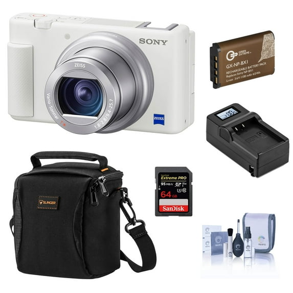 Sony ZV-1 Compact 4K HD Digital Camera, White Bundle with 64GB SD Card, Shoulder Bag, Extra Battery and Accessories