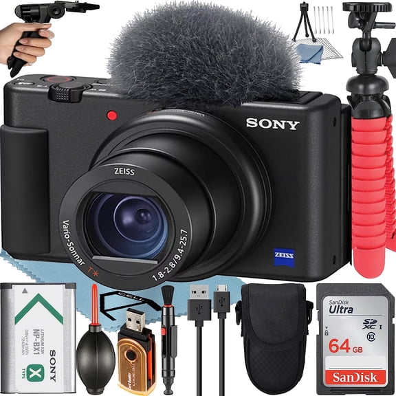 Sony ZV-1 Compact Digital Camera For Content Creators 4K HDR Video with Wind Screen + 64GB Memory Card + Case + Tripod + ZeeTech Accessory Bundle (Black) (International Version)