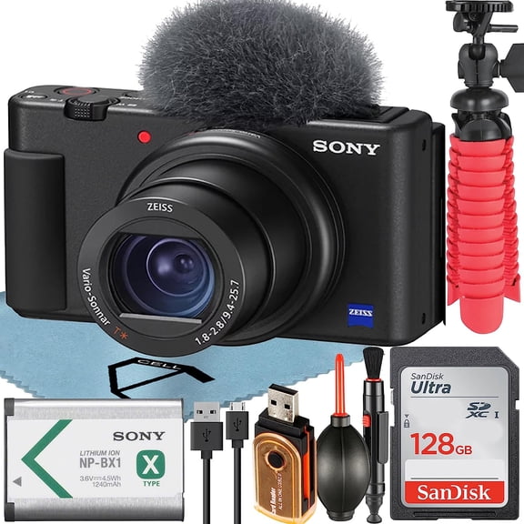 Sony ZV-1 Compact Digital Camera For Content Creators 4K HDR Video with Wind Screen + 128GB Memory Card + Tripod + ZeeTech Accessory Bundle (Black)(International Version)