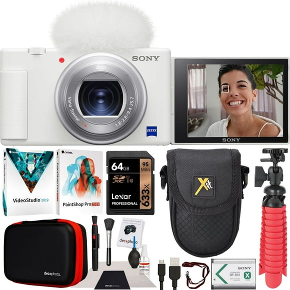 Sony ZV-1 Compact Digital Vlogging 4K Camera for Content Creators & Vloggers DCZV1/W Bundle With Deco Gear Case + Software Kit + 64GB Card + Compact Tripod / Handheld Grip and Accessories
