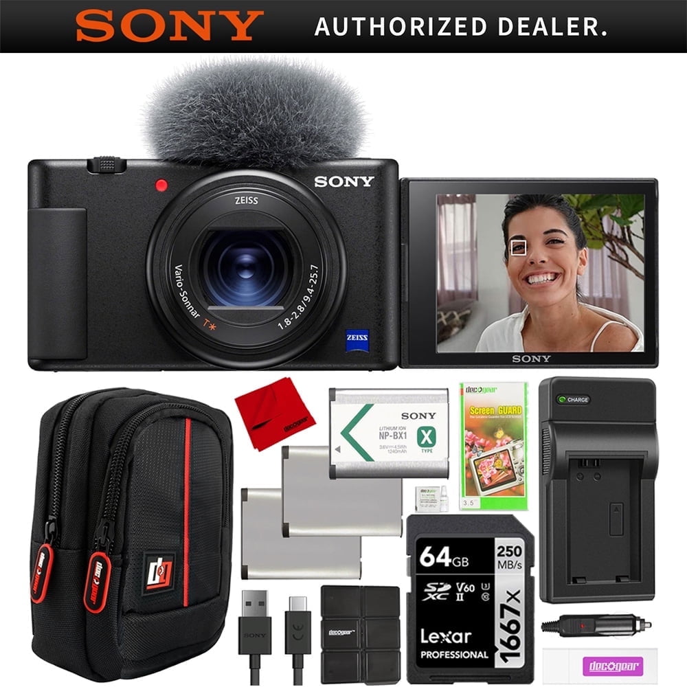 Sony ZV-1 Compact Digital Vlogging 4K HDR Video Camera for Content Creators & Vloggers Black DCZV1/B Triple Battery Bundle with Deco Gear Case + 64GB Card + External Charger| Official Sony USA Dealer
