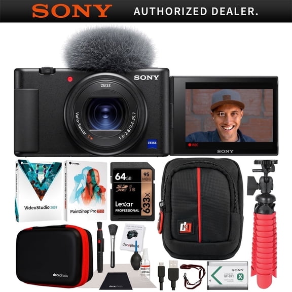 Sony ZV-1 Compact Digital Vlogging 4K HDR Video Camera for Content Creators & Vloggers DCZV1/B Bundle with Deco Gear Case + Software + 64GB + Compact Tripod / Handheld Grip| Official Sony USA Dealer