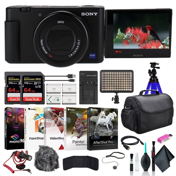 Sony ZV-1 Digital Camera Black DCZV1/B, 2 x 64GB Memory Card, Case, 3 x NP-BX1 Battery, Card Reader, LED Light, Corel Photo Software, HDMI Cable, Rode Compact Mic, Charger, and More