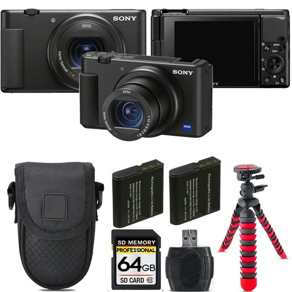 Sony ZV-1 Digital Camera (Black) + Extra Battery +Tripod + Case -64GB Kit (International Version)