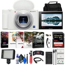 Sony ZV-1 Digital Camera (White) (DCZV1/W) + 64GB Memory Card + Case + 2 x NP-BX1 Battery + Card Reader + LED Light + Corel Photo Software + HDMI Cable + Charger + Flex Tripod + More