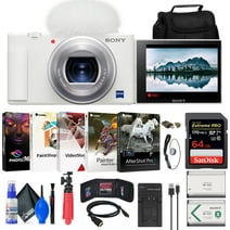Sony ZV-1 Digital Camera (White) (DCZV1/W) + 64GB Memory Card + Case + NP-BX1 Battery + Card Reader + Corel Photo Software + HDMI Cable + Charger + Flex Tripod + Memory Wallet + Cap Keeper + More