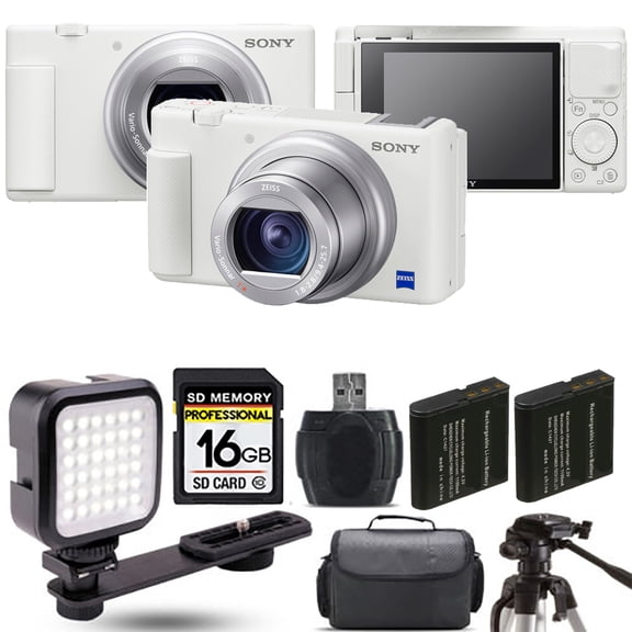 Sony ZV-1 Digital Camera (White) + Extra Battery + LED - 16GB Kit (International Version)