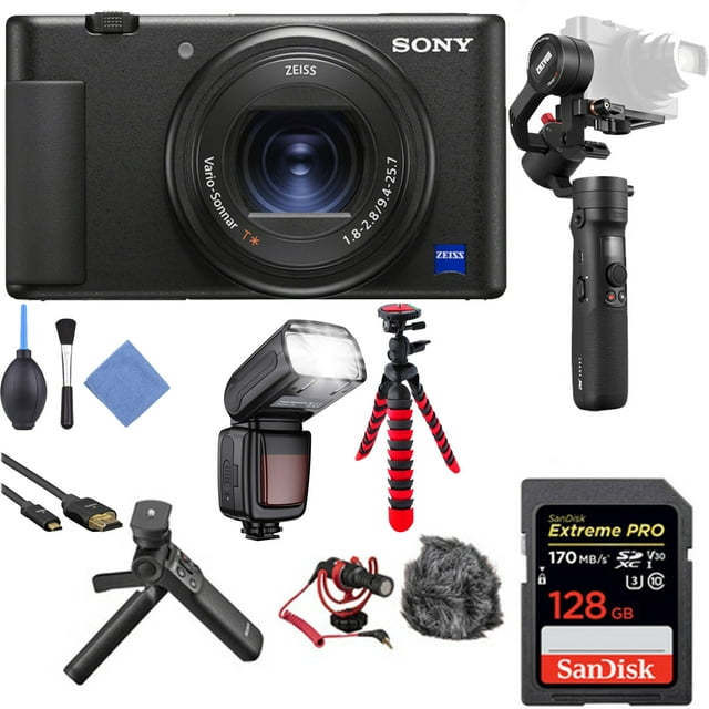 Sony ZV:1 Digital Camera with Shotgun Microphone, Gimbal Stabilizer, 128GB Sandisk Extreme Pro Memory Card, Sony Vlogger &amp; Accessories Bundle