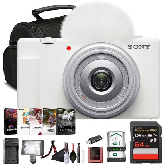 Sony ZV-1 Digital Vlogging Camera White (DCZV1/W) 20.1 MP 1 Sensor, 2470 mm ZEISS Lens, 4K HDR Video, Flip Screen w/ 64GB Memory Card, Photo Software, NP-BX1 battery and More