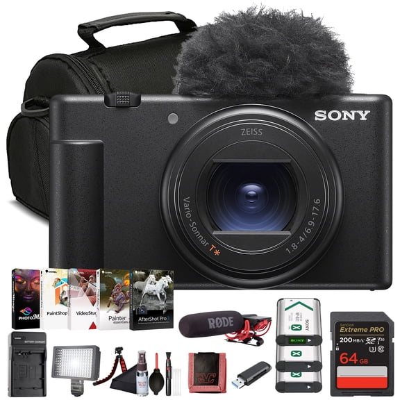 Sony ZV-1 II Compact Vlogging Camera (ILCZV-1M2/B)  20.1 MP 1 Sensor, 1850 mm Wide-Angle Zoom, 4K Video w/ Pro Mic, 64GB Card, Photo Software, 2 x NP-BX1 Battery, Card Reader and More