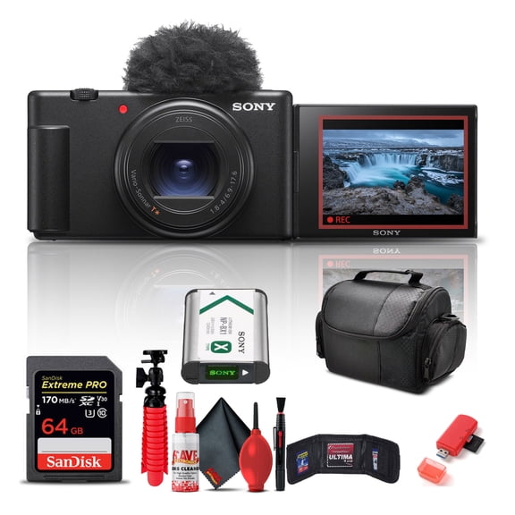 Sony ZV-1 II Digital Vlog Camera (Black), 20MP 1-inch Sensor Bundle + 64GB Card and Flex Tripod (International Model)
