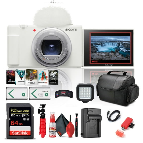 Sony ZV-1 II Vlog camera for Content Creators and Vloggers (White) (ZV-1M2/W) 64GB Card Corel Photo Software NP-BX1 Battery Card Reader LED Light Soft Bag Charger Flex Tripod More International Model