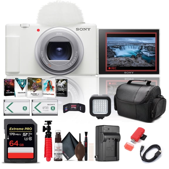 Sony ZV-1 II Vlogging Camera (ZV-1M2/W), White, 64GB Card, NP-BX1 Battery, LED Light, Bag and Charger