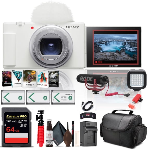 Sony ZV-1 II Vlog camera for Content Creators and Vloggers (White) (ZV-1M2/W) + Pro Mic + 64GB Card + Photo Software + 2 x NP-BX1 Battery + Card Reader + LED Light + Soft Bag + Charger + More